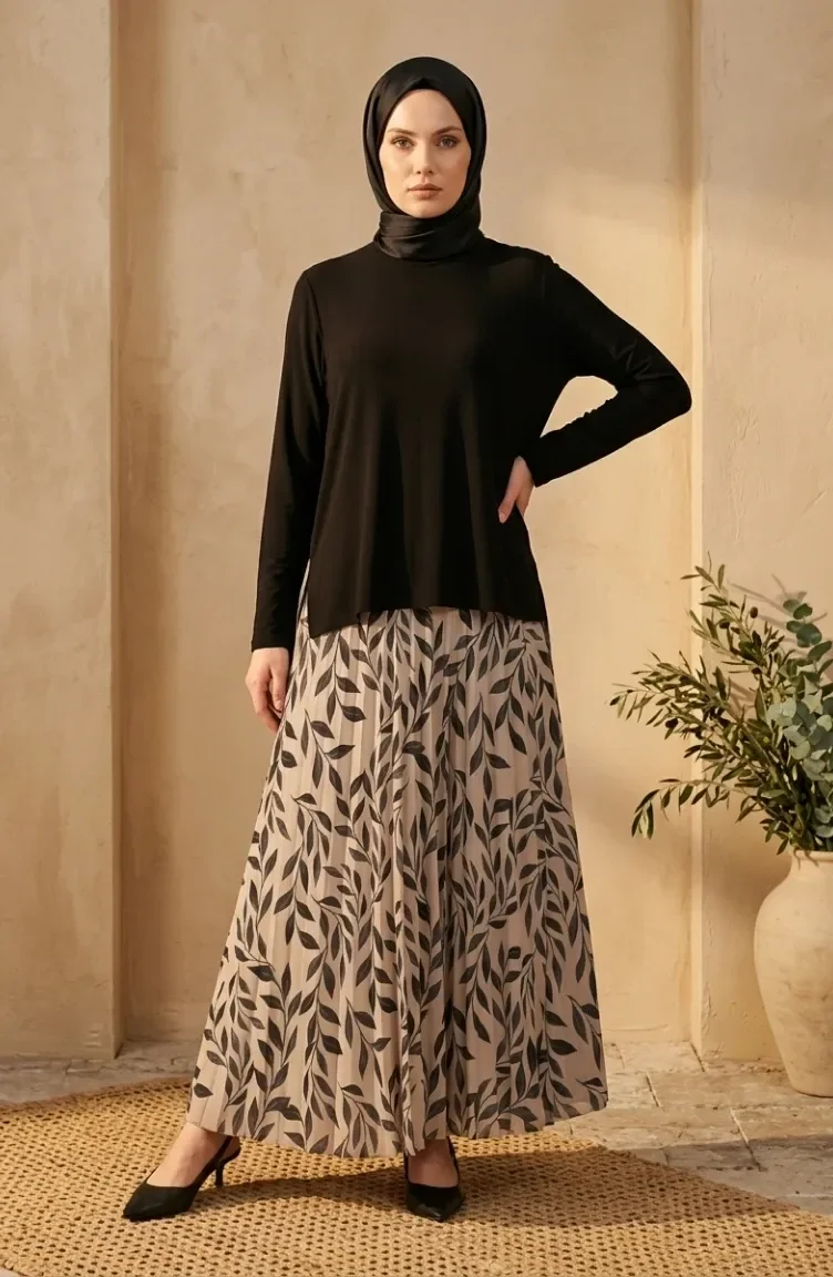Zweiteiliges Hijab-Set Aus Sandfarbenem Stoff Mit Bluse Und Rock Artikelnummer 5582-03 Schwarz/Beige 5582-03