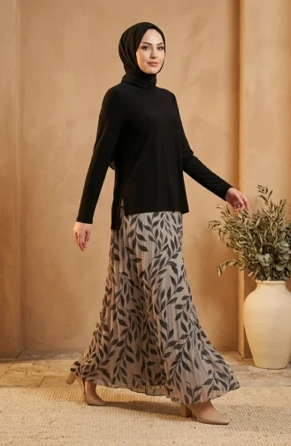 Zweiteiliges Hijab-Set Aus Sandfarbenem Stoff Mit Bluse Und Rock Artikelnummer 5582-03 Schwarz/Beige 5582-03