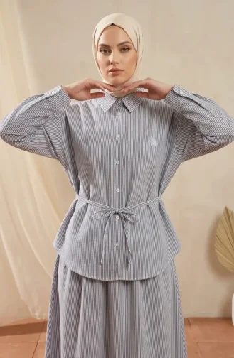 Çizgili Polo Yaka Tunik Etek ikili Takım 0321-07 Lacivert