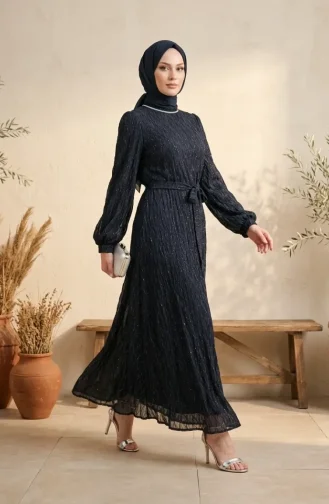 Robe De Soirée à Sequins Et Ceinture 6393-01 Bleu Marine 6393-01
