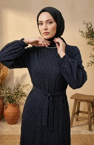 Robe De Soirée à Sequins Et Ceinture 6393-01 Bleu Marine 6393-01