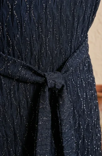 Robe De Soirée à Sequins Et Ceinture 6393-01 Bleu Marine 6393-01