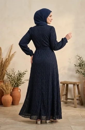 Robe De Soirée à Sequins Et Ceinture 6393-01 Bleu Marine 6393-01