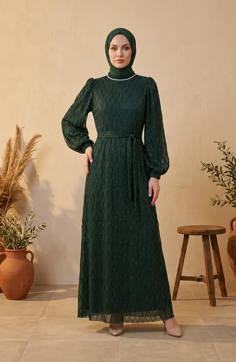 Robe De Soirée à Sequins Et Ceinture 6393-02 Vert émeraude 6393-02