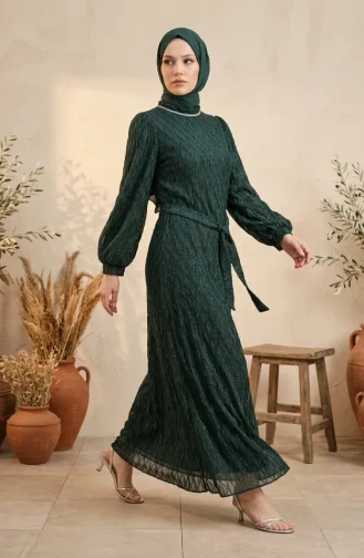 Robe De Soirée à Sequins Et Ceinture 6393-02 Vert émeraude 6393-02
