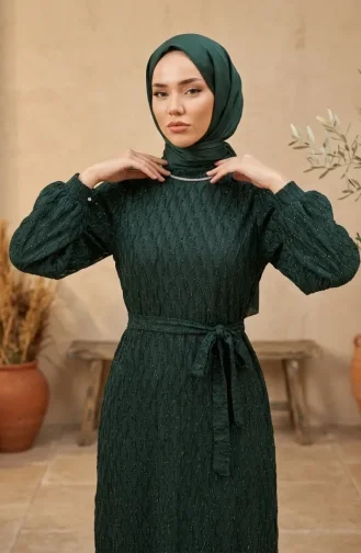 Robe De Soirée à Sequins Et Ceinture 6393-02 Vert émeraude 6393-02