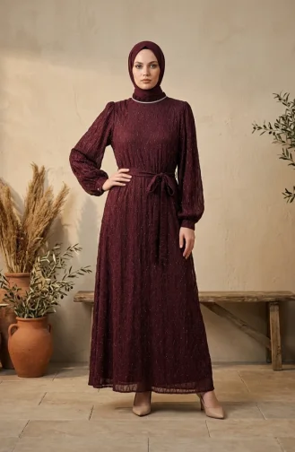 Robe De Soirée à Sequins Et Ceinture 6393-03 Bordeaux 6393-03