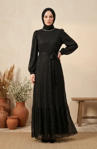 Robe De Soirée à Ceinture Ornée De Sequins 6393-04 Noire 6393-04