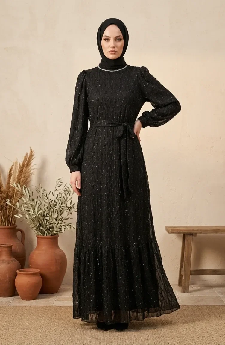 Robe De Soirée à Ceinture Ornée De Sequins 6393-04 Noire 6393-04