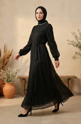 Robe De Soirée à Ceinture Ornée De Sequins 6393-04 Noire 6393-04