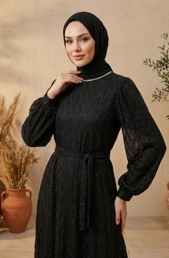 Robe De Soirée à Ceinture Ornée De Sequins 6393-04 Noire 6393-04