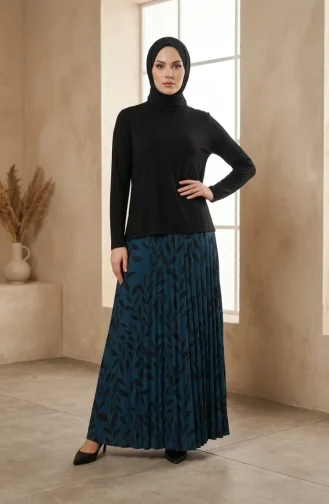 Sandy Fabric Blouse And Skirt Two-Piece Hijab Set 5582-01 Black Petrol 5582-01