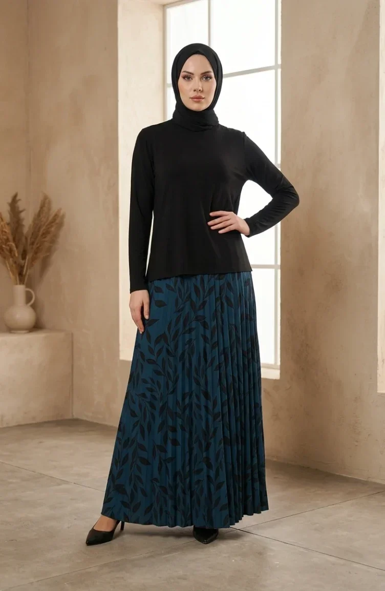 Sandy Fabric Blouse And Skirt Two-Piece Hijab Set 5582-01 Black Petrol 5582-01