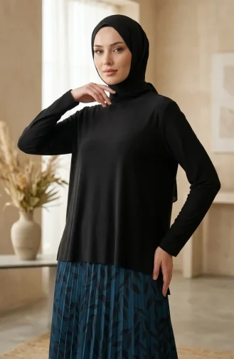Sandy Fabric Blouse And Skirt Two-Piece Hijab Set 5582-01 Black Petrol 5582-01