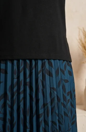 Sandy Fabric Blouse And Skirt Two-Piece Hijab Set 5582-01 Black Petrol 5582-01