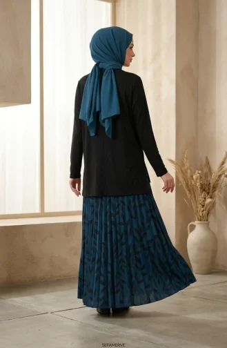 Sandy Fabric Blouse And Skirt Two-Piece Hijab Set 5582-01 Black Petrol 5582-01
