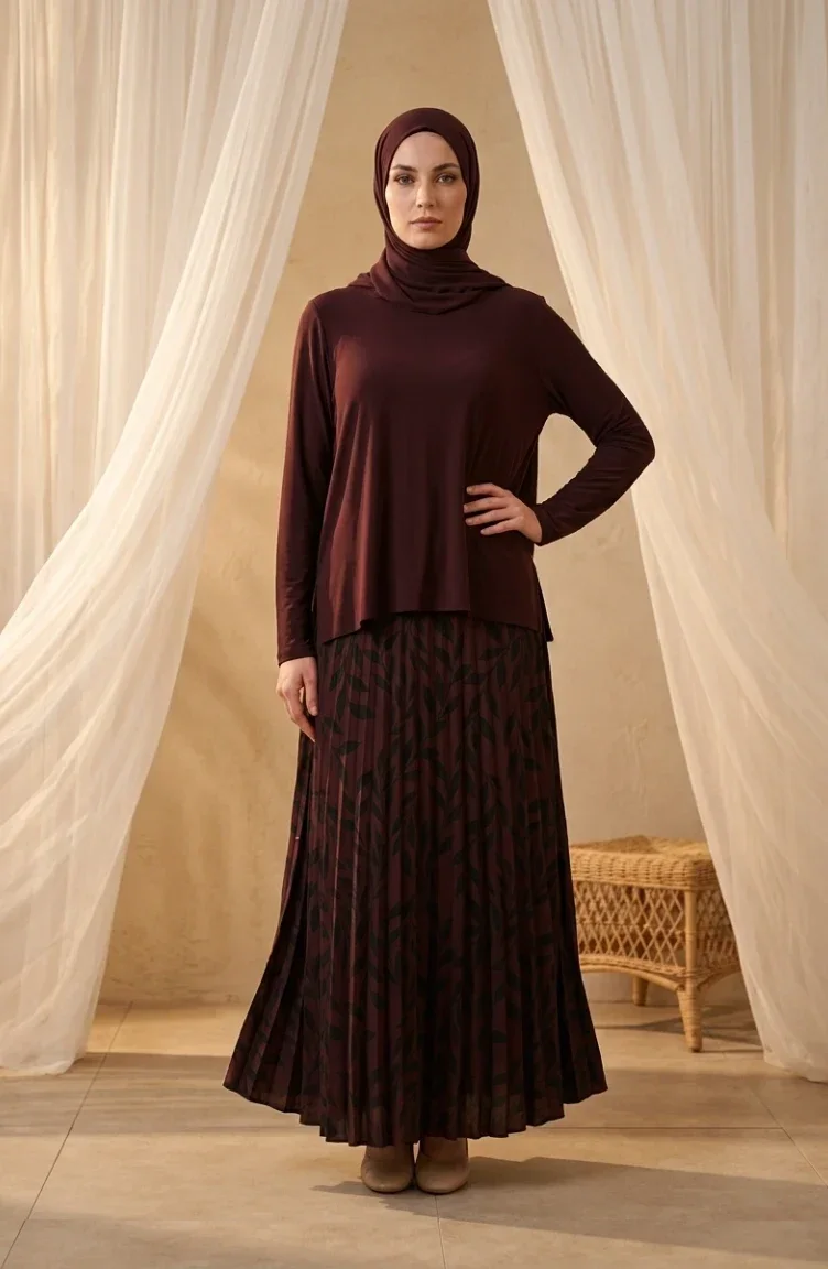 Zweiteiliges Hijab-Set Aus Sandfarbenem Stoff Mit Bluse Und Rock Artikelnummer 5582-02 Braun 5582-02
