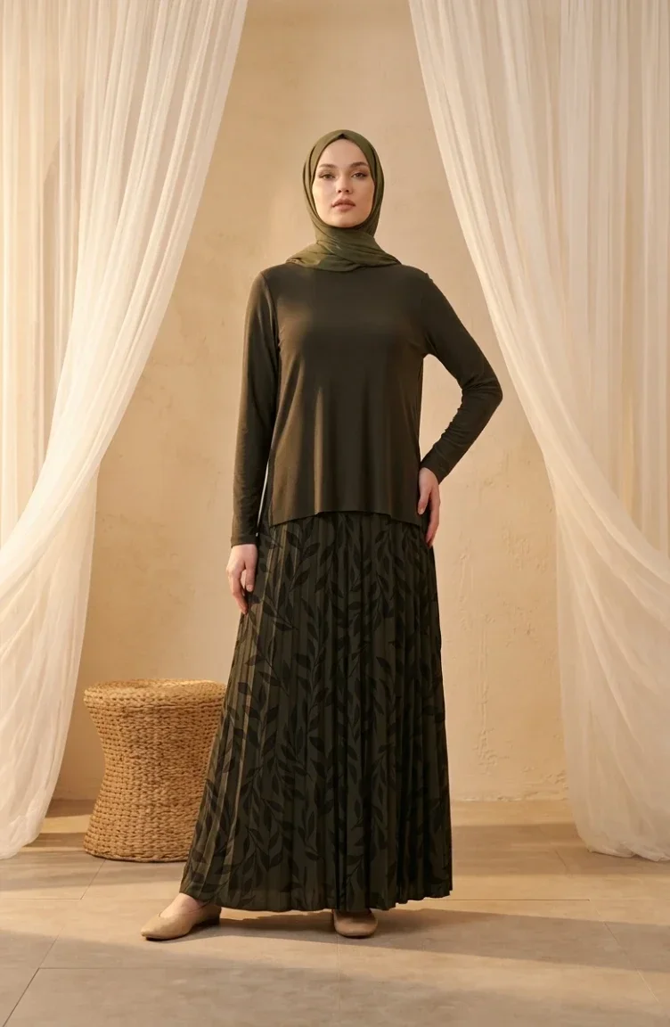 Zweiteiliges Hijab-Set Aus Sandfarbenem Stoff Mit Bluse Und Rock Artikelnummer 5582-04 Khaki 5582-04