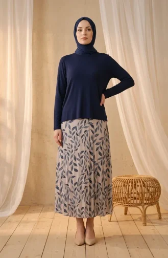 Zweiteiliges Hijab-Set Aus Sandfarbenem Stoff (Bluse Und Rock) 5582-05 Marineblau 5582-05