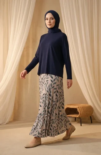 Zweiteiliges Hijab-Set Aus Sandfarbenem Stoff (Bluse Und Rock) 5582-05 Marineblau 5582-05