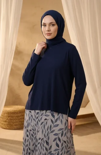 Zweiteiliges Hijab-Set Aus Sandfarbenem Stoff (Bluse Und Rock) 5582-05 Marineblau 5582-05