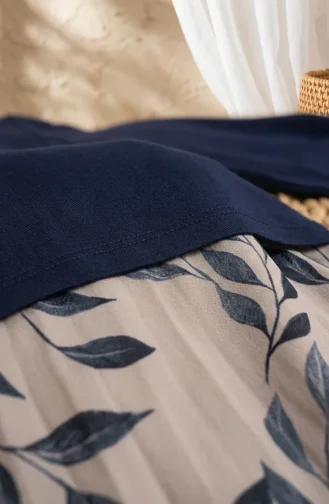 Zweiteiliges Hijab-Set Aus Sandfarbenem Stoff (Bluse Und Rock) 5582-05 Marineblau 5582-05