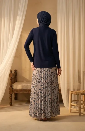 Zweiteiliges Hijab-Set Aus Sandfarbenem Stoff (Bluse Und Rock) 5582-05 Marineblau 5582-05