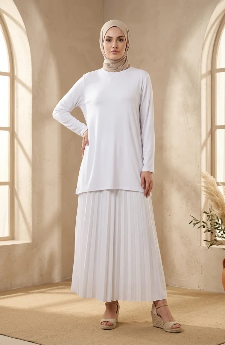 تونيك طويل من الفسكوز بمقاسات كبيرة 4026-04 أبيض 4026-04