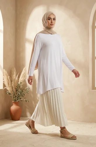 تونيك طويل من الفسكوز بمقاسات كبيرة 4026-04 أبيض 4026-04