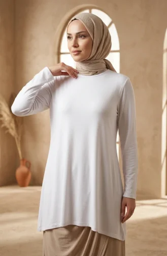 تونيك طويل من الفسكوز بمقاسات كبيرة 4026-04 أبيض 4026-04