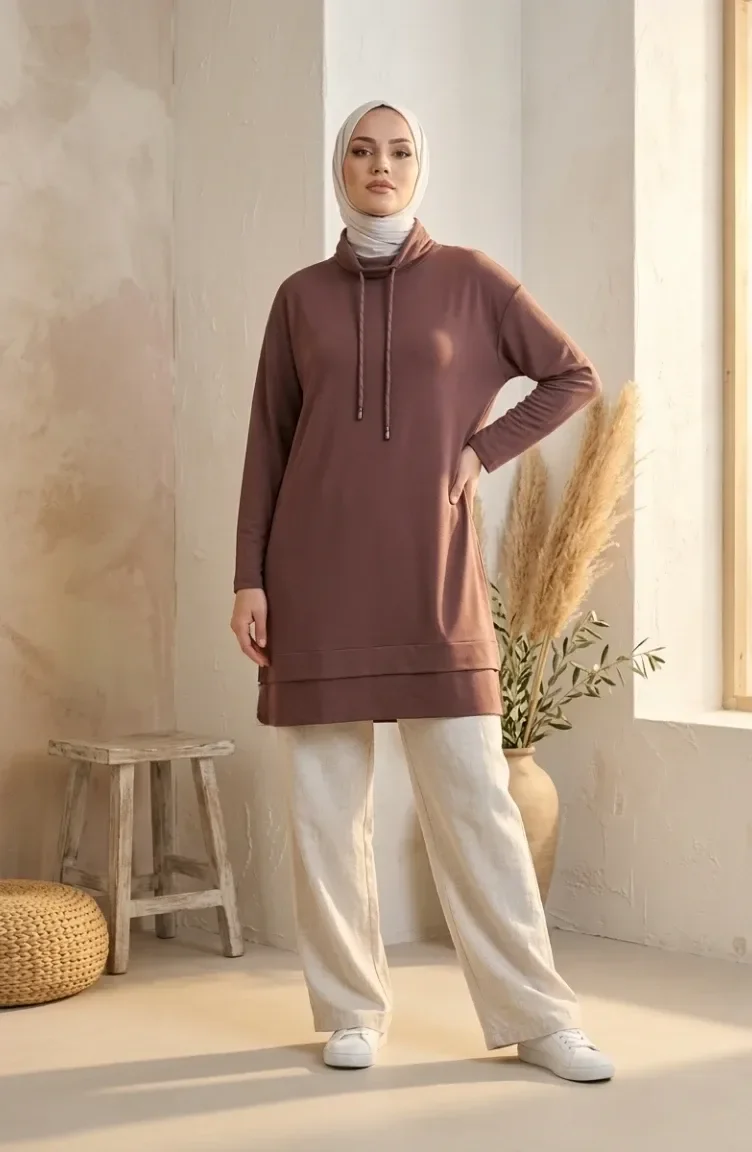 Fisherman Collar Tunic With Drawstring 5047-01 Brown 5047-01