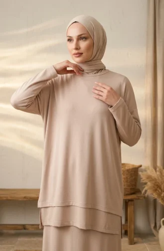 بلوزة بفتحة جانبية 5051-02 بيج 5051-02