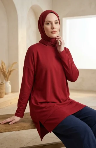 بلوزة بفتحة جانبية 5051-04 لون عنابي 5051-04