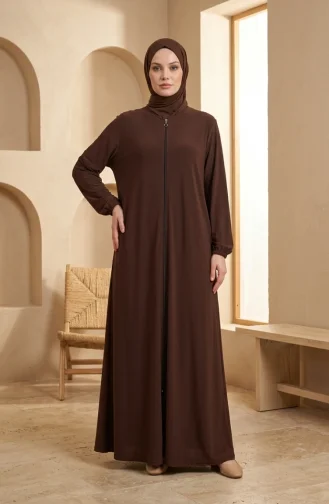 Abaya à Manches élastiquées Et Fermeture éclair 0327-02 Marron 0327-02
