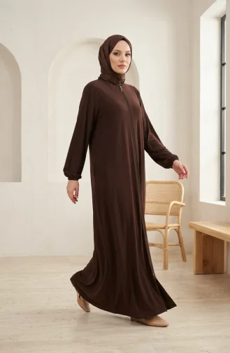 Abaya à Manches élastiquées Et Fermeture éclair 0327-02 Marron 0327-02