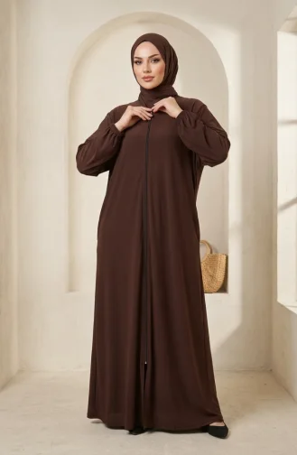 Abaya à Manches élastiquées Et Fermeture éclair 0327-02 Marron 0327-02