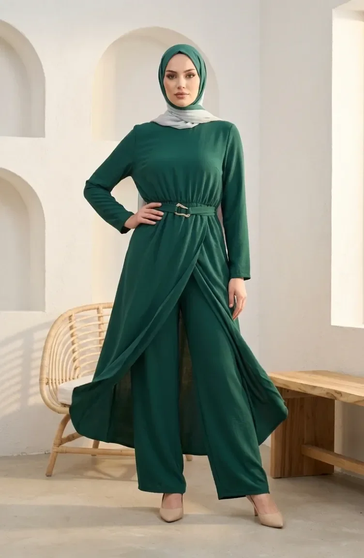 Ensemble Hijab Deux Pièces Avec Taille élastique 2279-01 Vert émeraude 2279-01