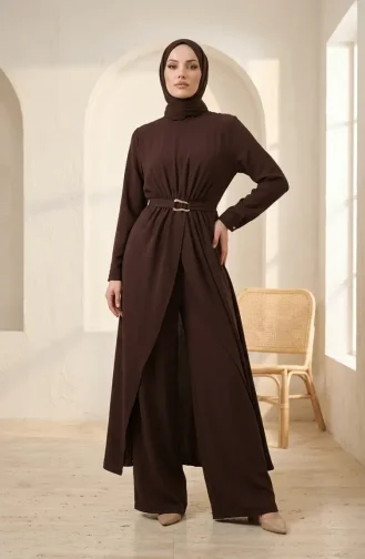 Two-piece Modest Set With Elasticated Waist And Belt 2279-02 Brown 2279-02