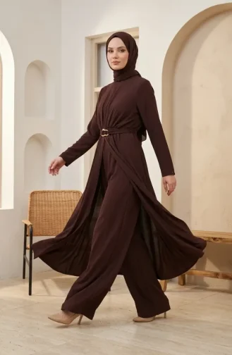 Two-piece Modest Set With Elasticated Waist And Belt 2279-02 Brown 2279-02