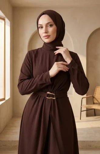Two-piece Modest Set With Elasticated Waist And Belt 2279-02 Brown 2279-02