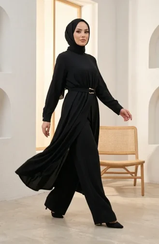 Ensemble Hijab Deux Pièces Avec Ceinture élastique 2279-03 Noir 2279-03