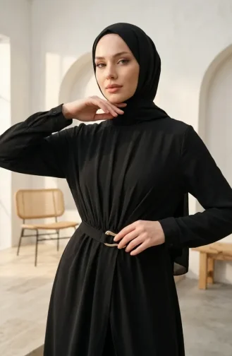 Ensemble Hijab Deux Pièces Avec Ceinture élastique 2279-03 Noir 2279-03