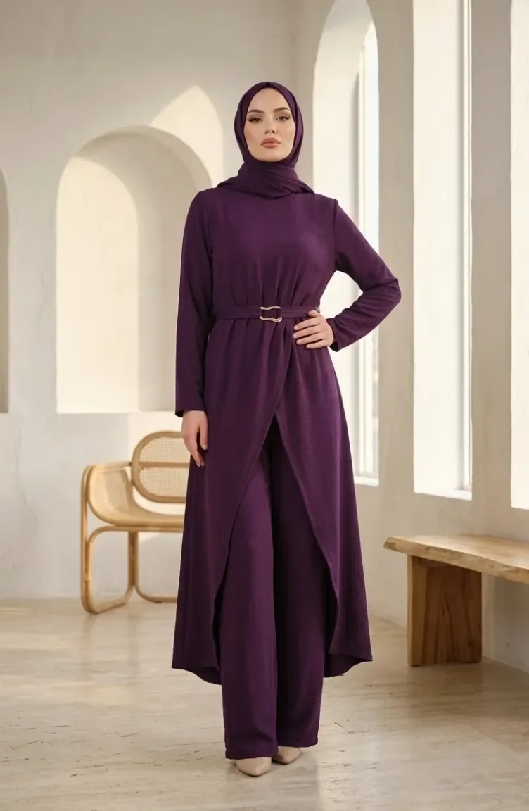 طقم محتشم من قطعتين بخصر مطاطي وحزام، 2279-04 بنفسجي 2279-04