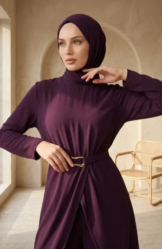 طقم محتشم من قطعتين بخصر مطاطي وحزام، 2279-04 بنفسجي 2279-04