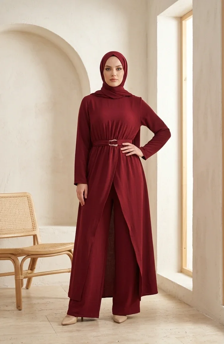 طقم محتشم من قطعتين بخصر مطاطي وحزام، 2279-05 بورغندي 2279-05