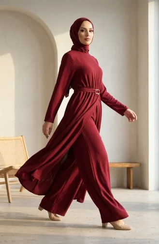 طقم محتشم من قطعتين بخصر مطاطي وحزام، 2279-05 بورغندي 2279-05