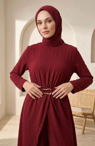 طقم محتشم من قطعتين بخصر مطاطي وحزام، 2279-05 بورغندي 2279-05