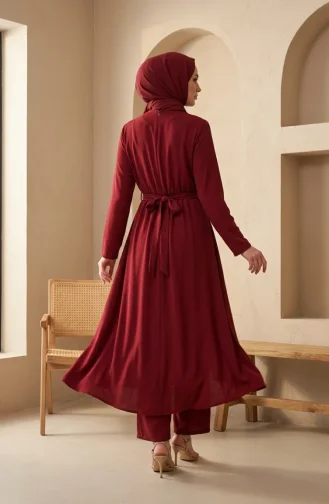طقم محتشم من قطعتين بخصر مطاطي وحزام، 2279-05 بورغندي 2279-05