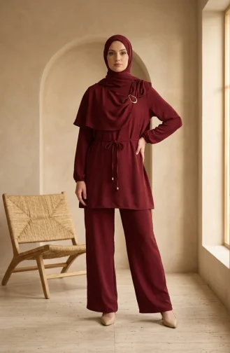 Halka Detaylı Bağcıklı Tesettür ikili Takım 2280-02 Bordo