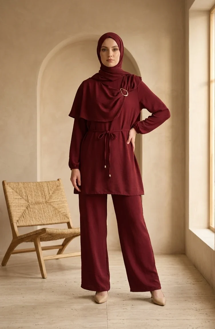 Halka Detaylı Bağcıklı Tesettür ikili Takım 2280-02 Bordo